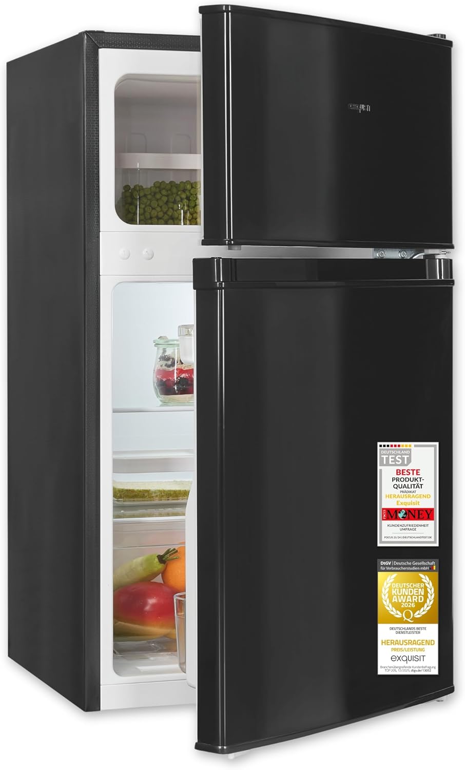 Exquisit K¨¹hlschrank mit Gefrierfach klein, Mini-K¨¹hlschrank, 85 l, 61 l, 40 dB, LED-Beleuchtung, Schwarz