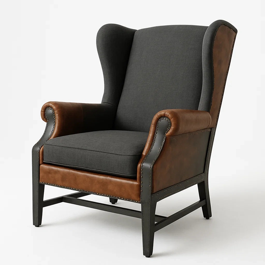 Ohrensessel Stoff Grau und PU-Leder Braun mit Holzrahmen