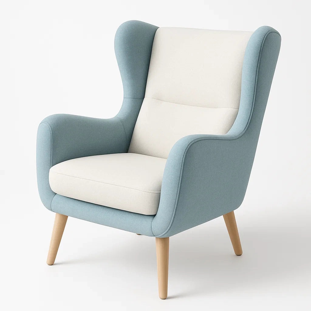 Ohrensessel Stoff Blau/Beige Massivholzrahmen