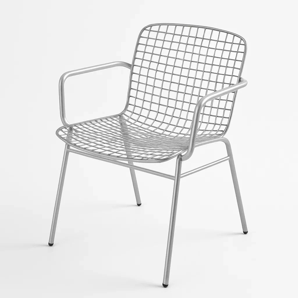 Stahlstuhl mit Armlehnen im Gitterdesign Silber