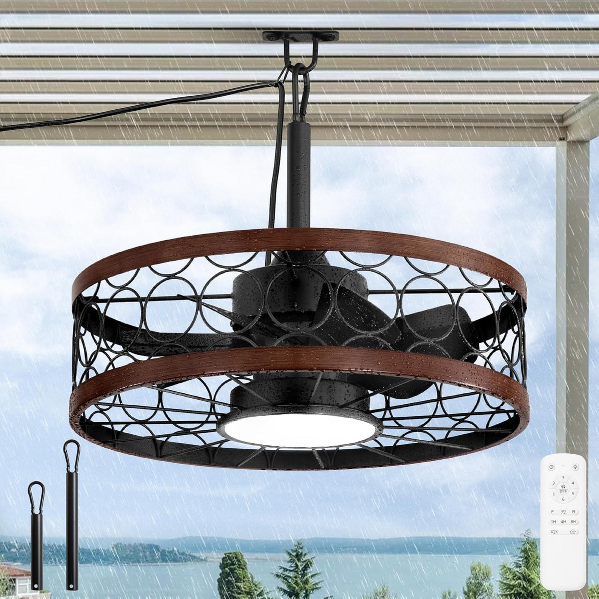 HUYOY Deckenventilator Beleuchtung au?en Deckenventilator mit Beleuchtung, Fernbedienung, Timer, dimmbares Licht, wasserbest?ndig, Schwarz/Braun