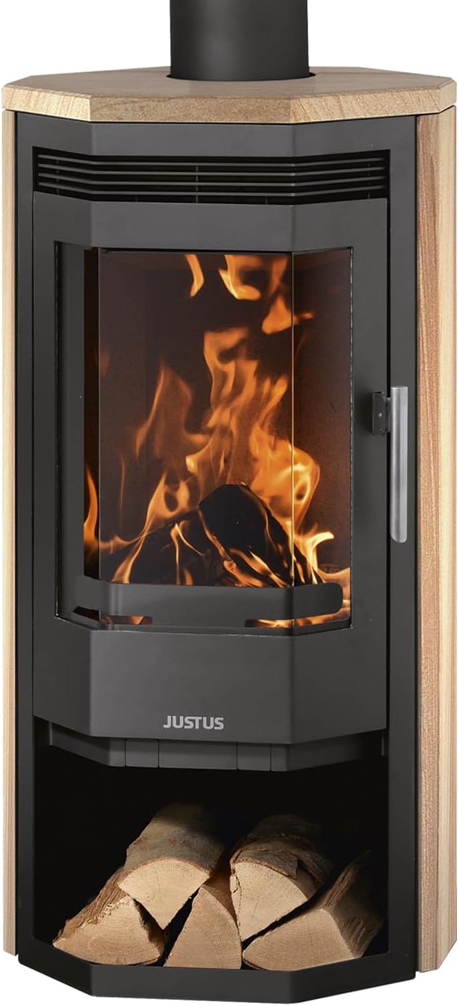 Justus Usedom 5 Kaminofen Stahl Schwarz mit Sandsteinverkleidung 5,5 kW Nennleistung, Beheizung, 24 Stunden, 150 mm, 982 mm, 492 mm, Dauerbetrieb