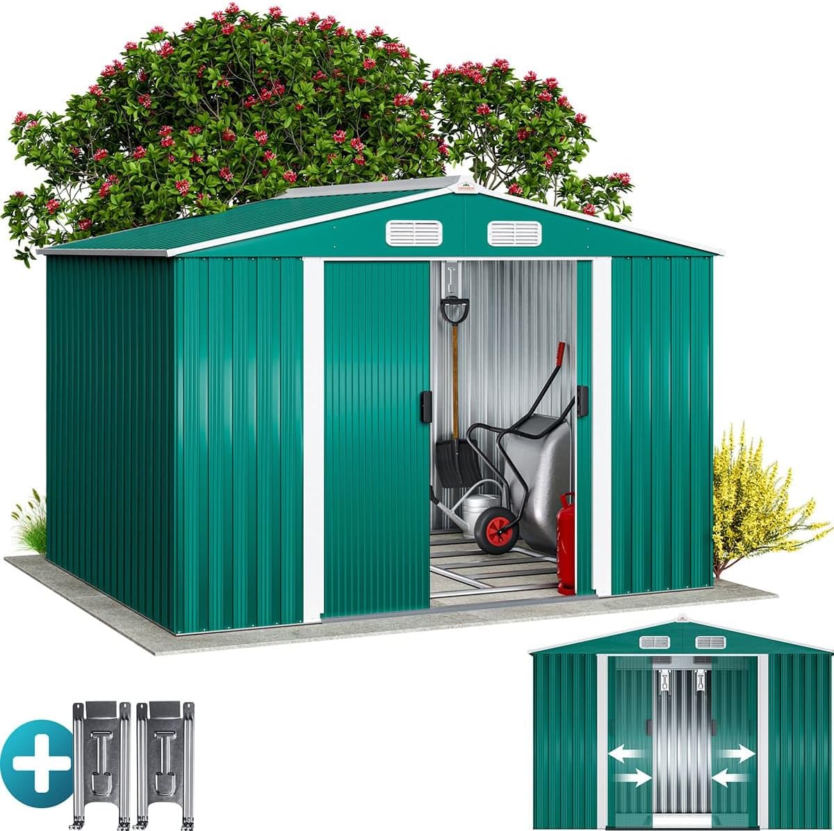 GARDEBRUK XXL Metall Ger?tehaus 5m2 mit Fundament 260 ¡Á 205 ¡Á 180 cm Schiebet¨¹r Gr¨¹n, Rasenm?her, Heckenschere, 15 KG, 96 cm