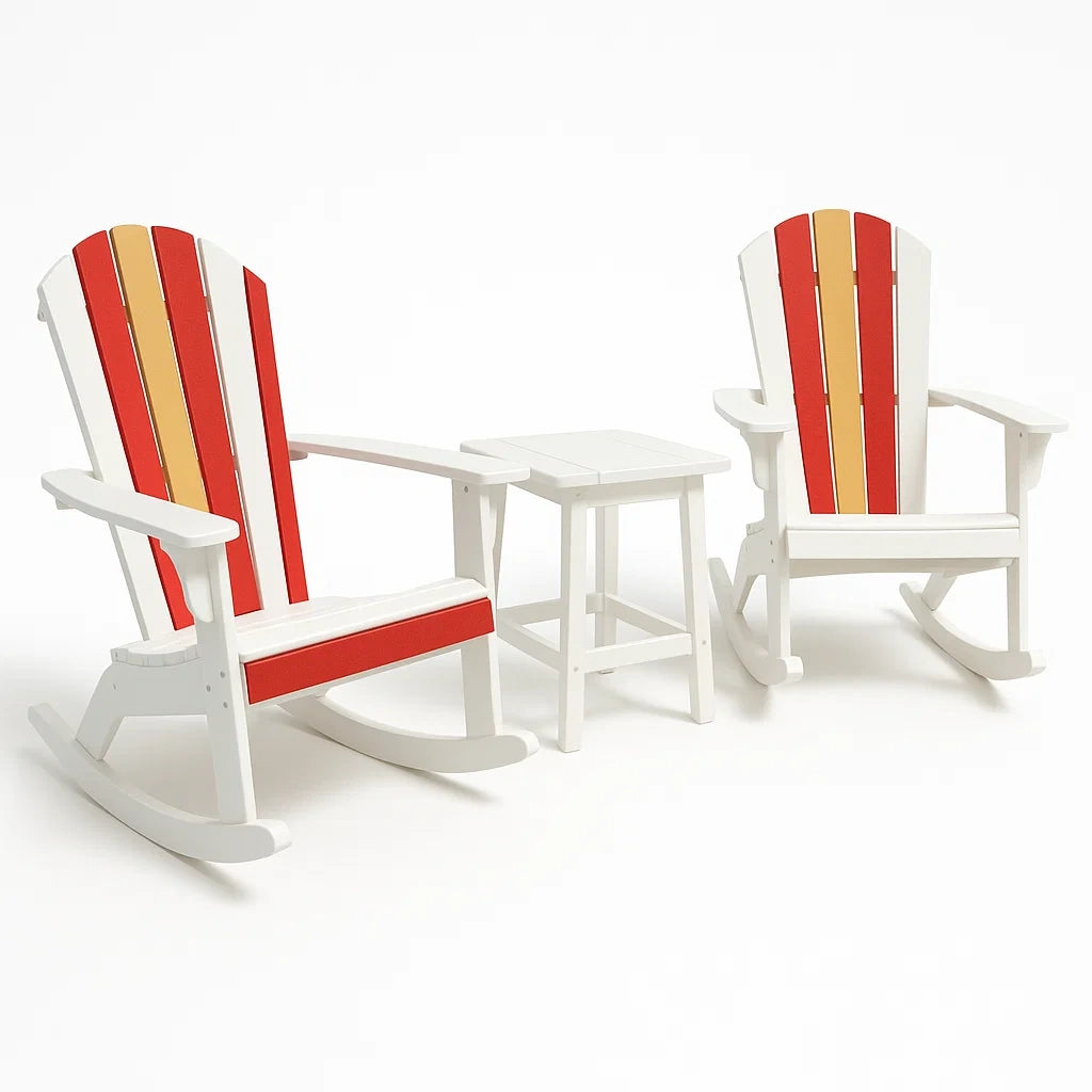 Outdoor Schaukelstuhl Set aus Kunststoff in Weiß/Rot/Gelb mit Tisch
