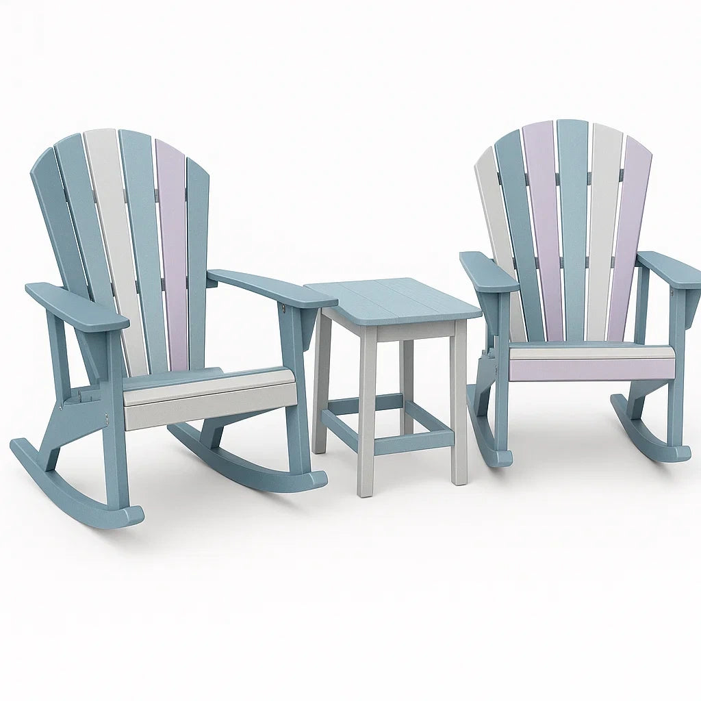 Adirondack Schaukelstuhl Set mit Tisch aus Kunststoff Blau/Beige/Flieder