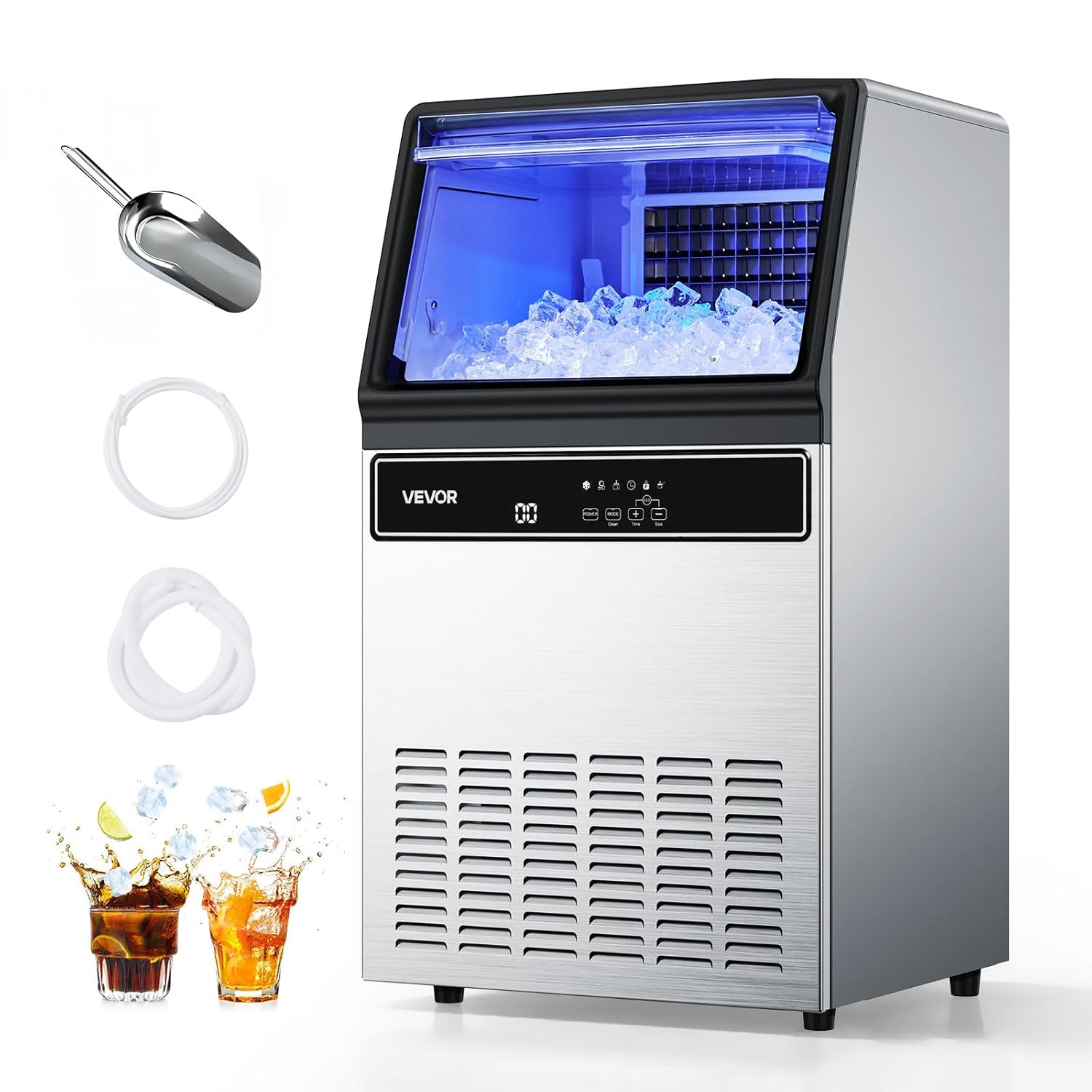 VEVOR Kommerzielle Eismaschine Eisw¨¹rfelmaschine 54,4 kg/Tag mit 15 kg Speicher, Eisbereiter, 8¨C10 Minuten, 45 W, 50 dB, Selbstreinigung, Edelstahl