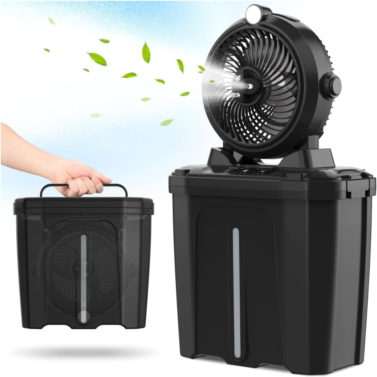 YESERLI Kabelloser Outdoor-Ventilator, 000 mAh kabelloser Verdunstungsventilator f¨¹r Terrasse, 10 l, 20.000 mAh, b¨¹rstenloser Motor, Luftbefeuchtung