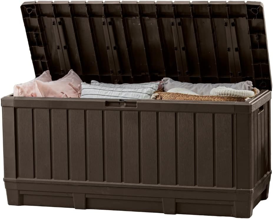 Keter Kentwood 92 Gallon Resin Deck Box-Organization and Storage for Patio Furniture, Outdoor, 350 l