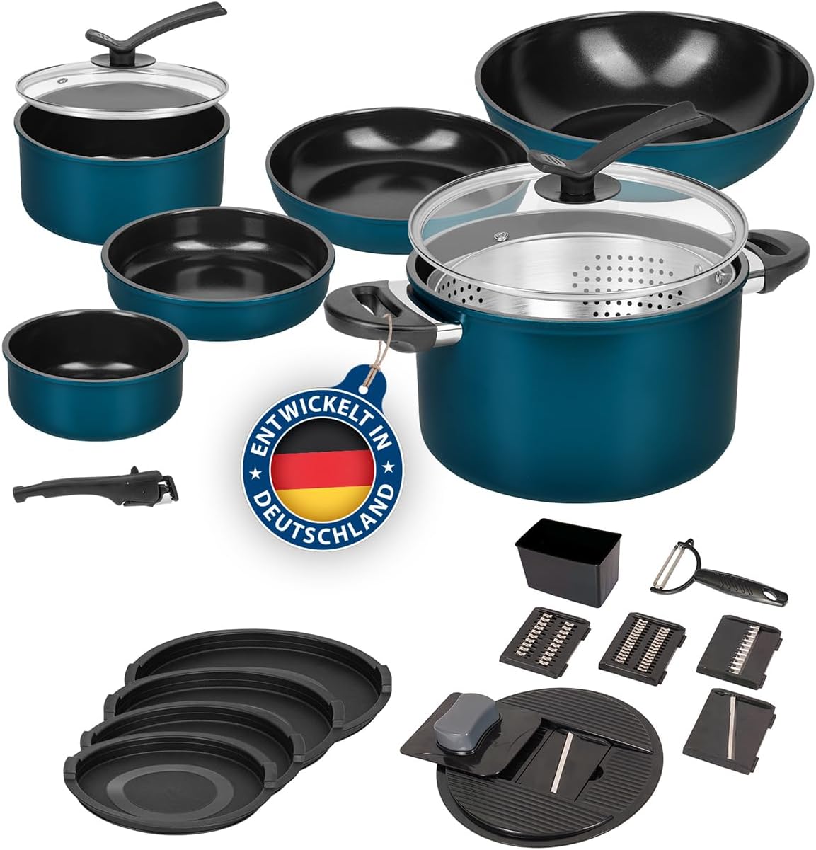 Genius Kelton Pfannenset T?pfe Set 3 in 1 mit Deckel, abnehmbarer Griff, Blau/Schwarz, frei