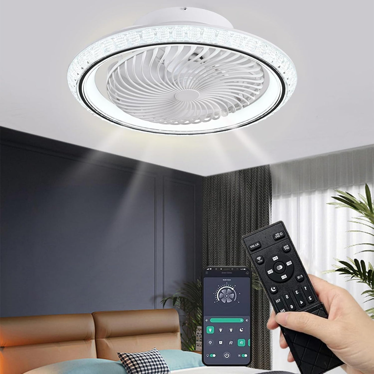 Qiaomao Ventilator Deckenleuchte 49 Moderne Deckenventilator mit Beleuchtung, 72W, 49 cm, Fernbedienung, App-Steuerung, App-/WLAN-Steuerung