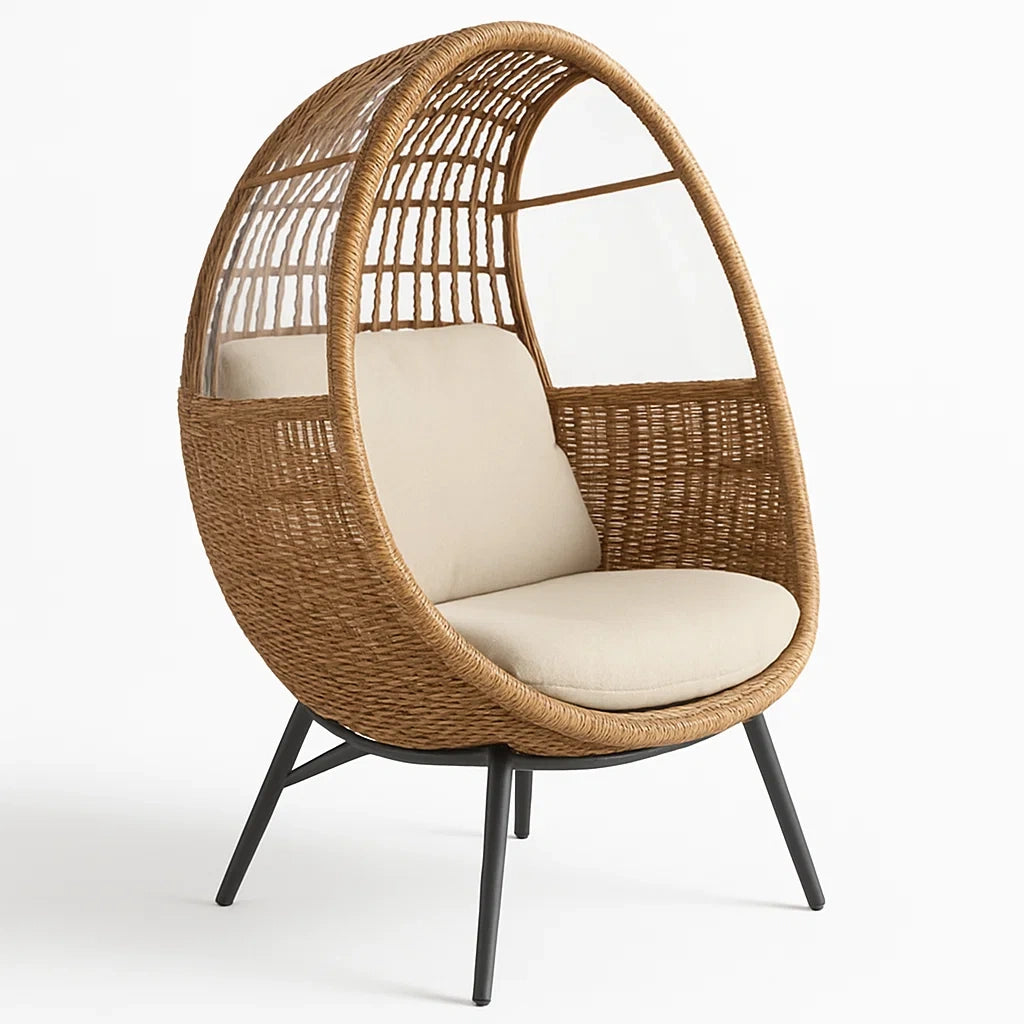 Rattan-Ei-Lounge-Sessel mit Baumwollkissen und Stahl