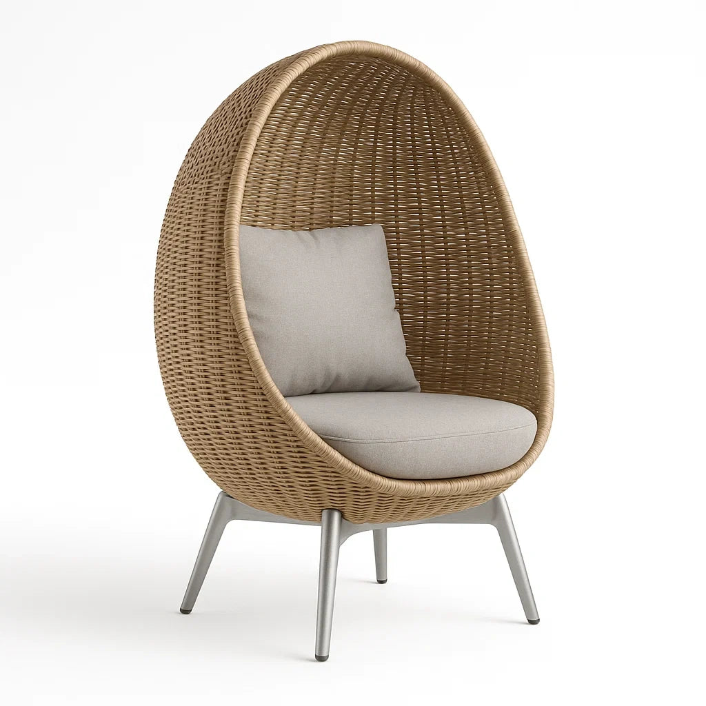 Rattan Ei-Sessel mit Stahlgestell und Polyesterkissen Beige