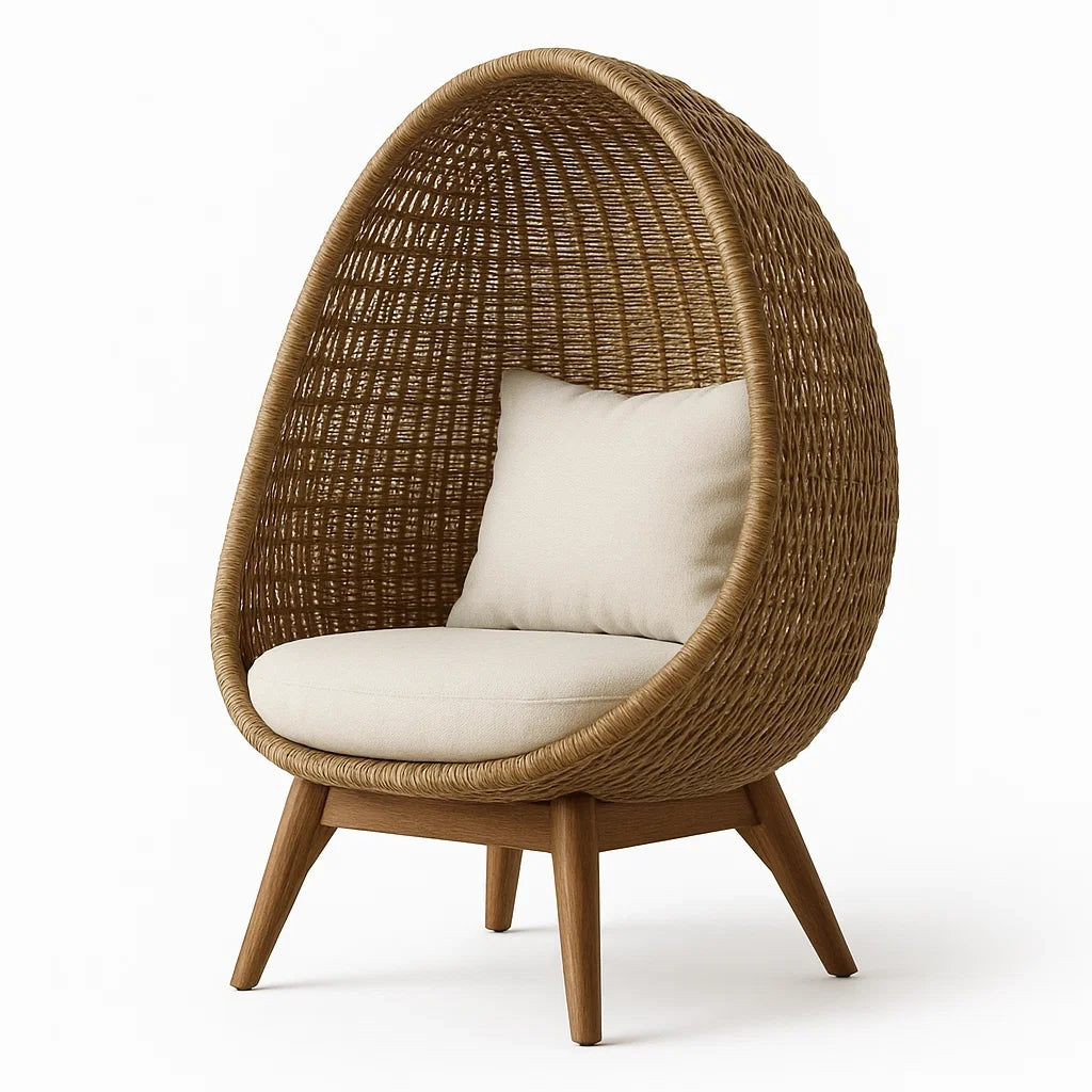 Rattansessel Ei Form mit Kissen in Braun und Creme
