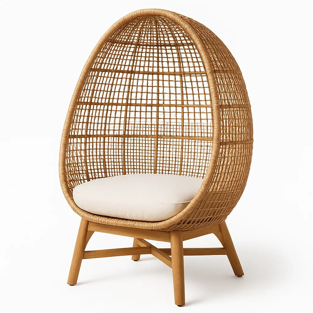 Ei-förmiger Rattansessel mit Polyesterkissen Naturbraun