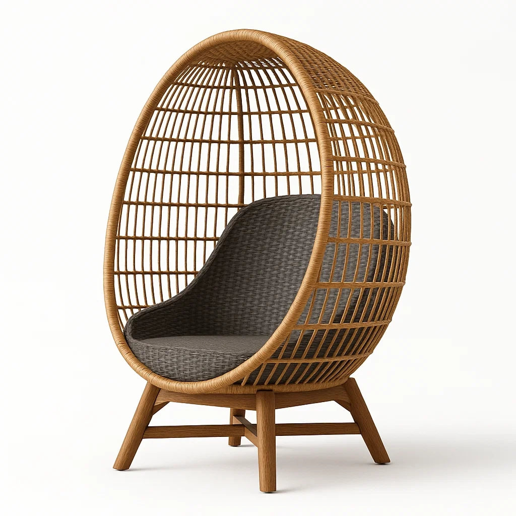 Outdoor Ei-Form Sessel Rattan Braun mit Polyesterkissen Grau