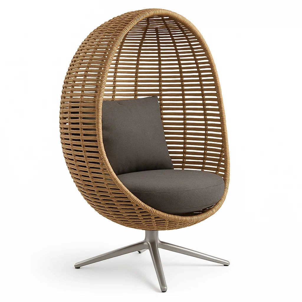 Rattan-Ei-Stuhl mit Aluminiumrahmen und Anthrazit-Kissen