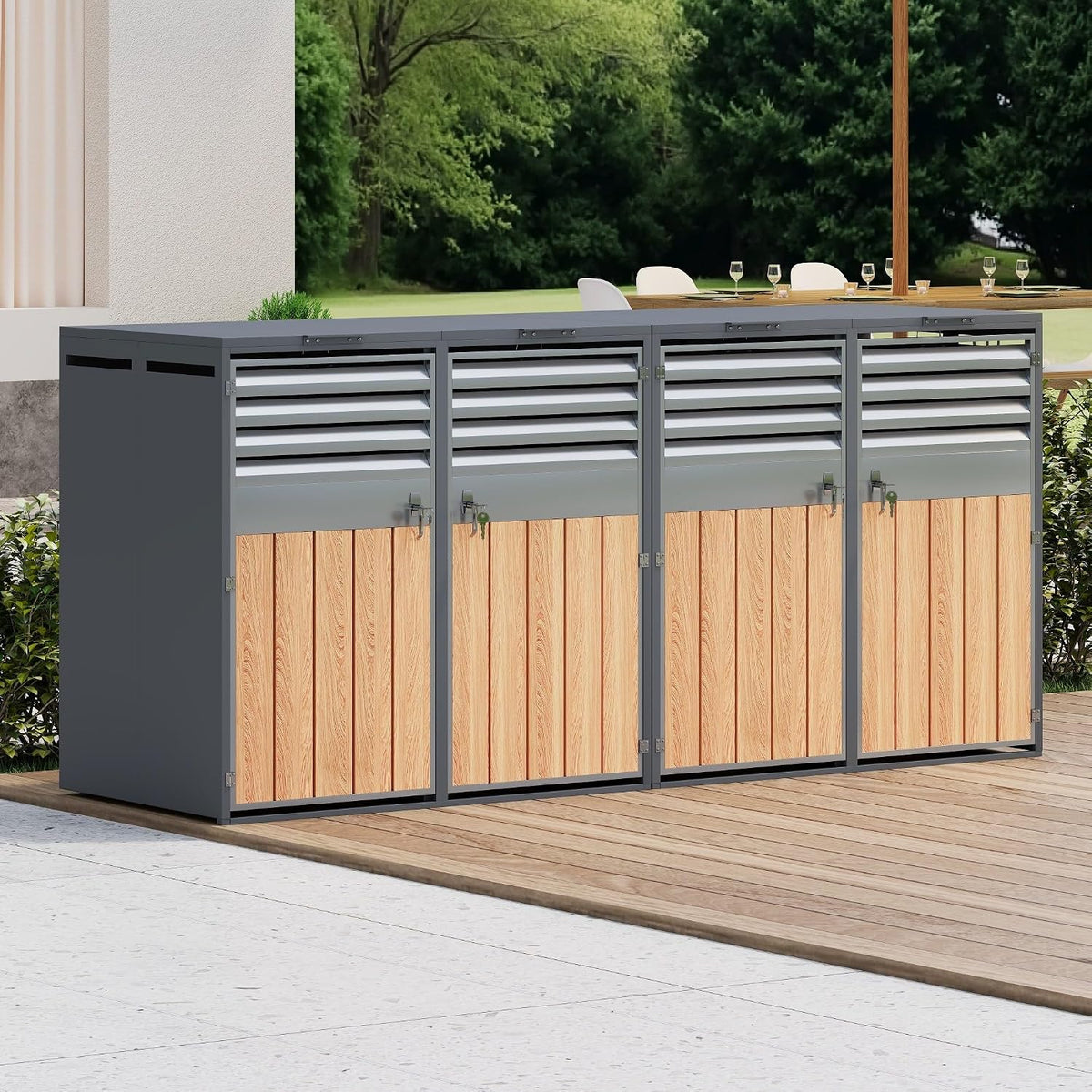RAPRAP M¨¹lltonnenbox 4Er f¨¹r 4 M¨¹lltonne Bis 240L mit Klappdeckel Schrank, 4 Bin, Grau/Holz, L¨¹ftungs?ffnung Mit Lamellen, Abschlie?bar, Zwei T¨¹ren
