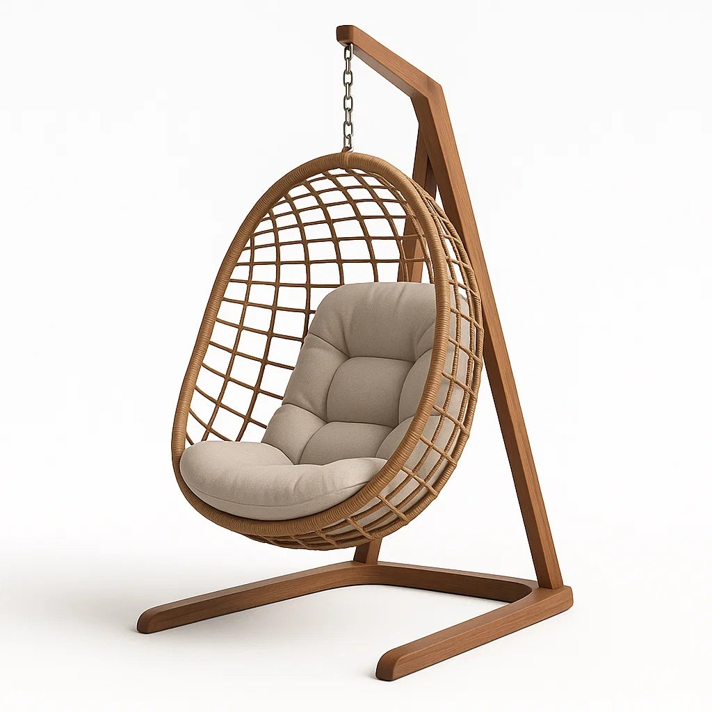 Rattan-Hängesessel mit Holzgestell und beigem Kissen