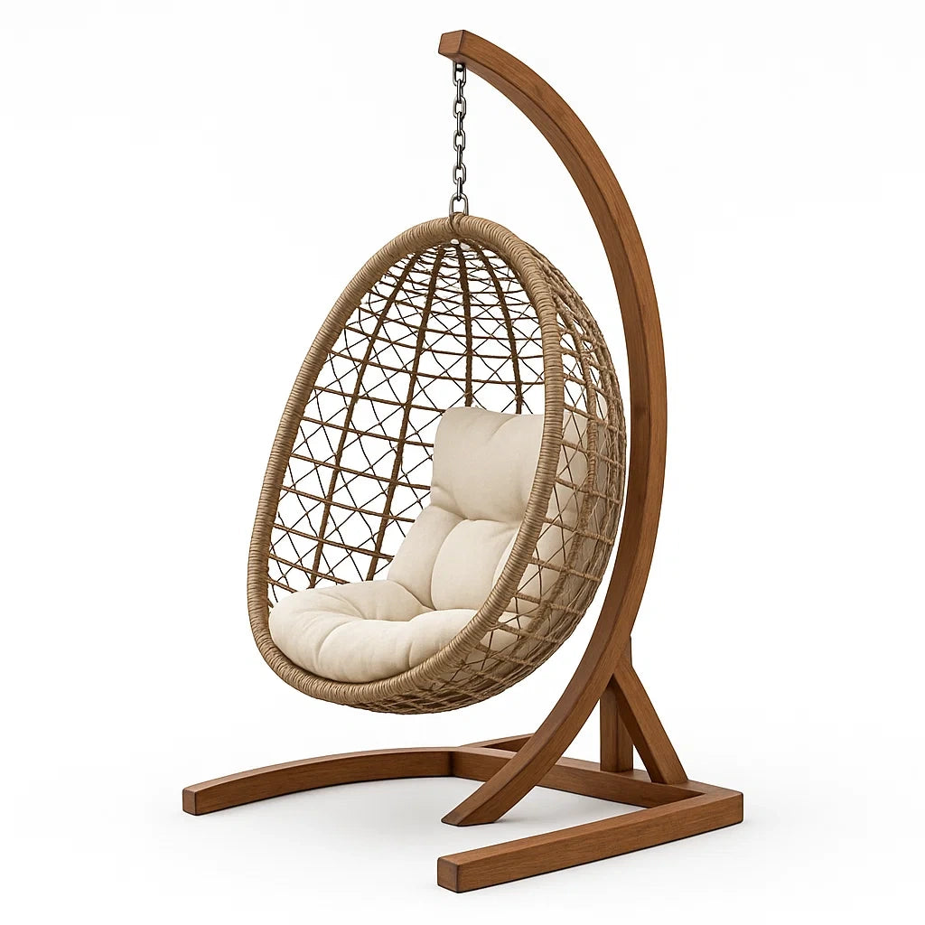 Holz- und Rattan-Hängesessel mit Polyesterkissen