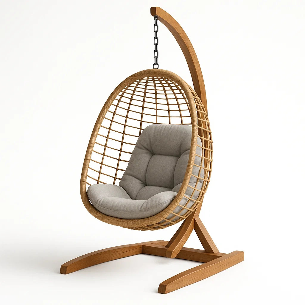 Hängesessel mit Holzgestell und Naturrattan Beige