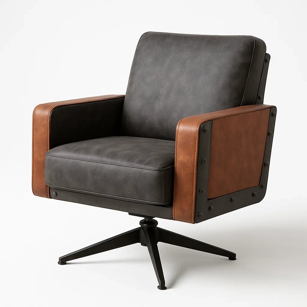 Drehbarer Sessel aus PU-Leder mit Metallgestell, Schwarz und Braun