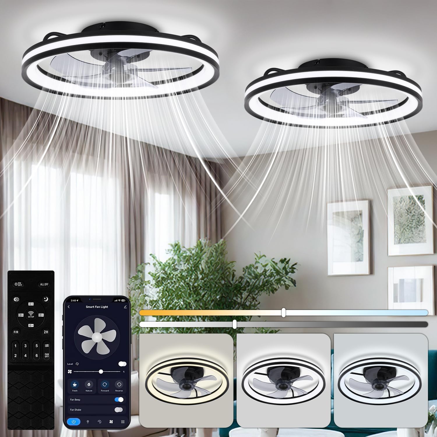 Daromigo Deckenventilator mit Beleuchtung, Deckenleuchte, Deckenlampe, 64 W, 5 l, 18 W, APP, LED