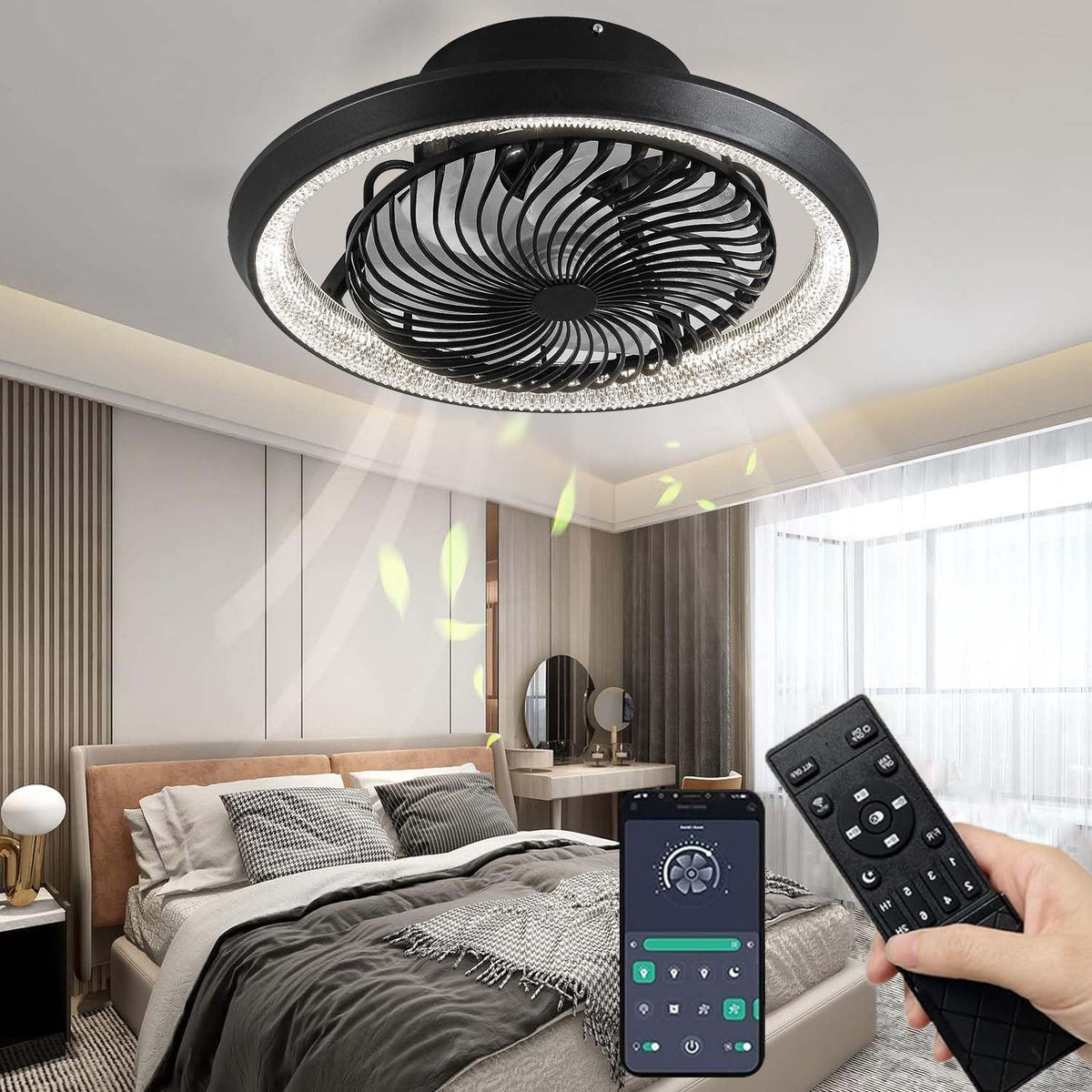 Qiaomao Ventilator Deckenleuchte 49 Moderne Deckenventilator mit Beleuchtung, 72W Dimmbar Timer Leise Deckenlampe mit Ventilator Schlafzimmer