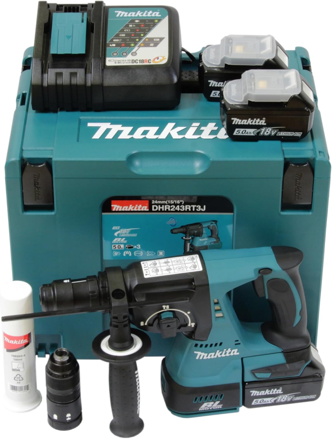 Makita DHR243RT3J Akku-Bohrhammer Set, LED-Arbeitsleuchte, 18 V, 5,0 Ah, Schnellladeger?t