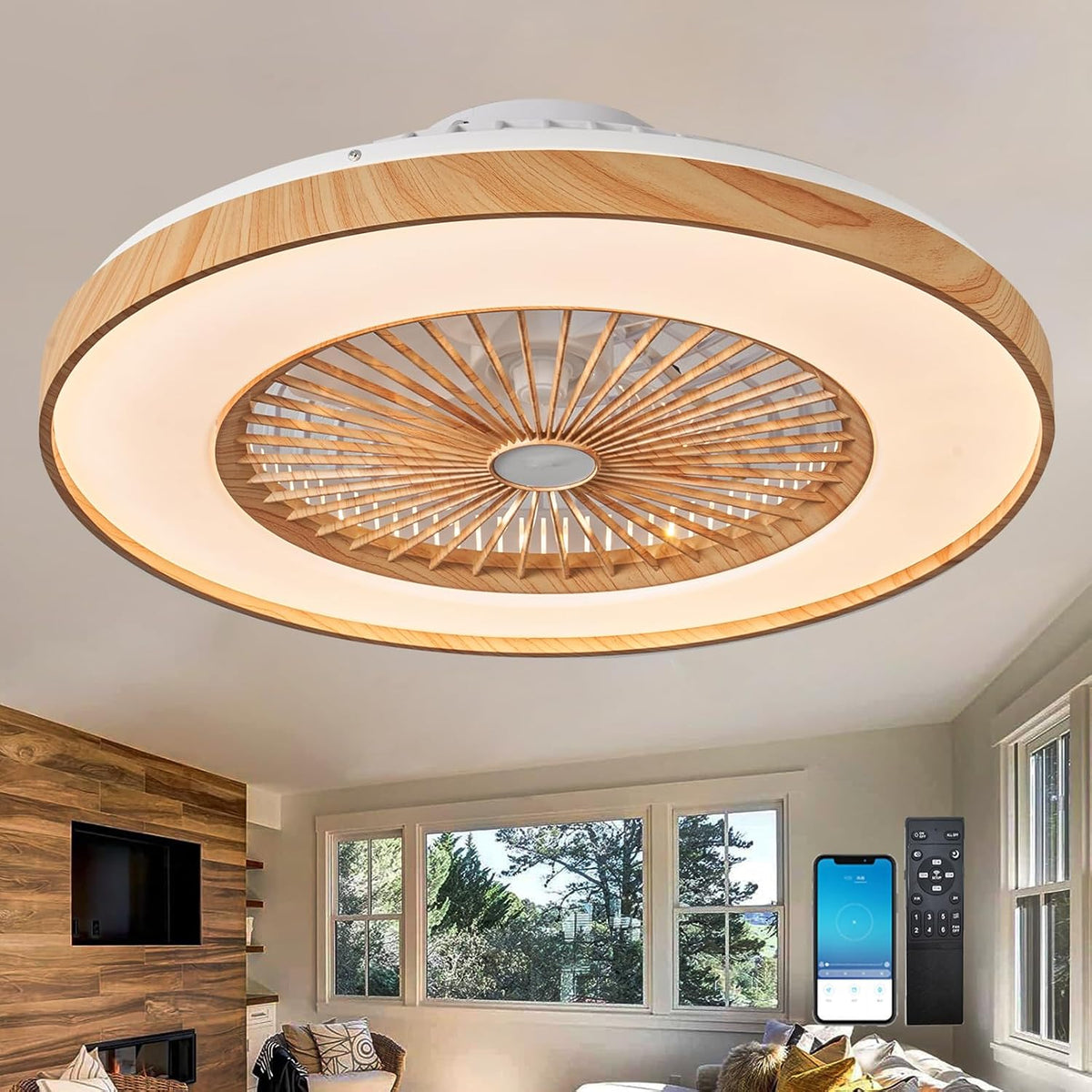 Fachae Deckenventilator mit Beleuchtung, 35 dB, 96 Watt, 60 cm, 50 cm, Fernbedienung, App-Steuerung, App-/WLAN-Steuerung, LED-Beleuchtung