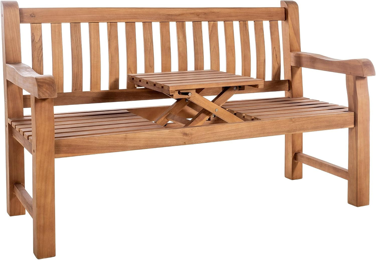 CLP Teakbank Orlando I Wetterfeste Gartenbank Mit Klapp-Tisch, Klapptisch, 61 cm, 45 cm, 52 cm, 35 kg, 320 kg