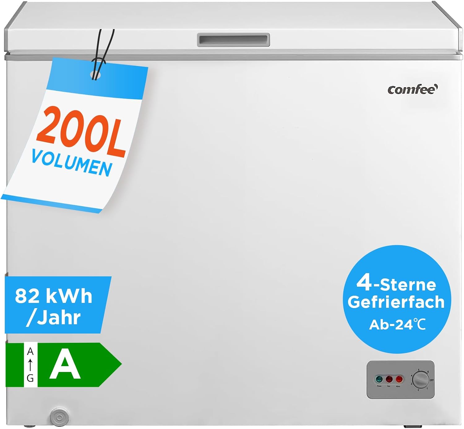 Comfee RCC201WH6(E) Gefriertruhe/82 kWh/Jahr/85 cm hoch/200 l/Inverter-Kompressor/41 dB, LED-Beleuchtung