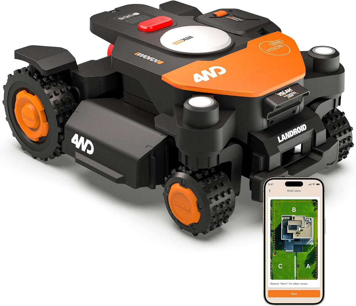 WORX Landroid Vision Cloud WR340E 4WD M?hroboter ohne Begrenzungskabel f¨¹r 600 m2, Stereo-Kamera, App-Steuerung