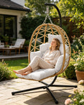 H?ngesessel mit Gestell Outdoor SolisHome, Bis 150 kg, Rattan H?ngesessel mit Metallgestell, H?ngestuhl f¨¹r Indoor, Beige/Wei?/Schwarz, Garten