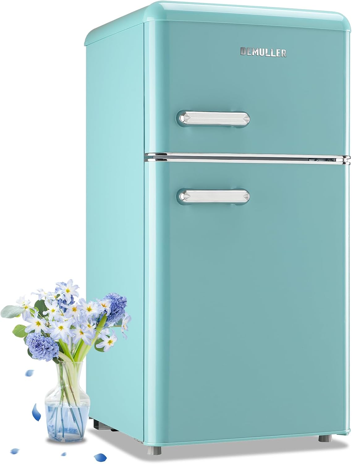 DEMULLER Retro Mini Fridge with Top Freezer 100 l Small Refrigerator with Two Doors &, Thermostat