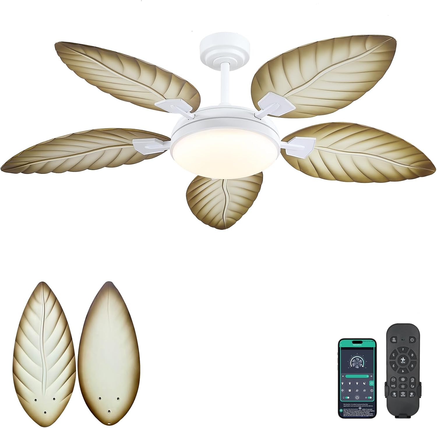 Kviflon 132 cm Moderner Deckenventilator mit Beleuchtung, Palmen-Ventilator, Schlafzimmer, 50 W, 90-265 V, 10 cm, 20 cm, App, LED