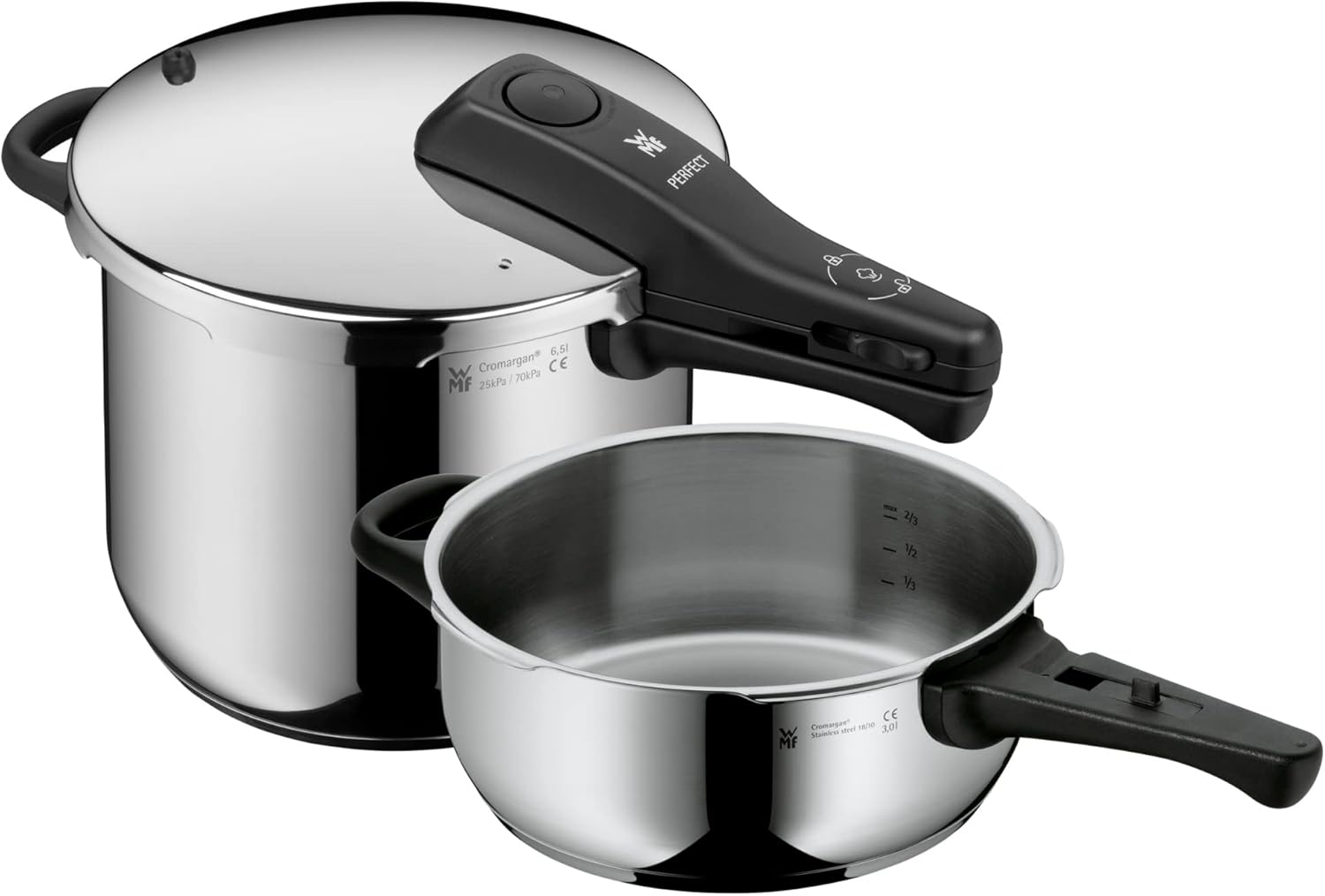WMF Perfect One Pot Schnellkochtopf Set Induktion 2-teilig, Aromatisch, 6,5 l, 22 cm, 3,0 l, 110 ¡ãC, 119 ¡ãC, Edelstahl