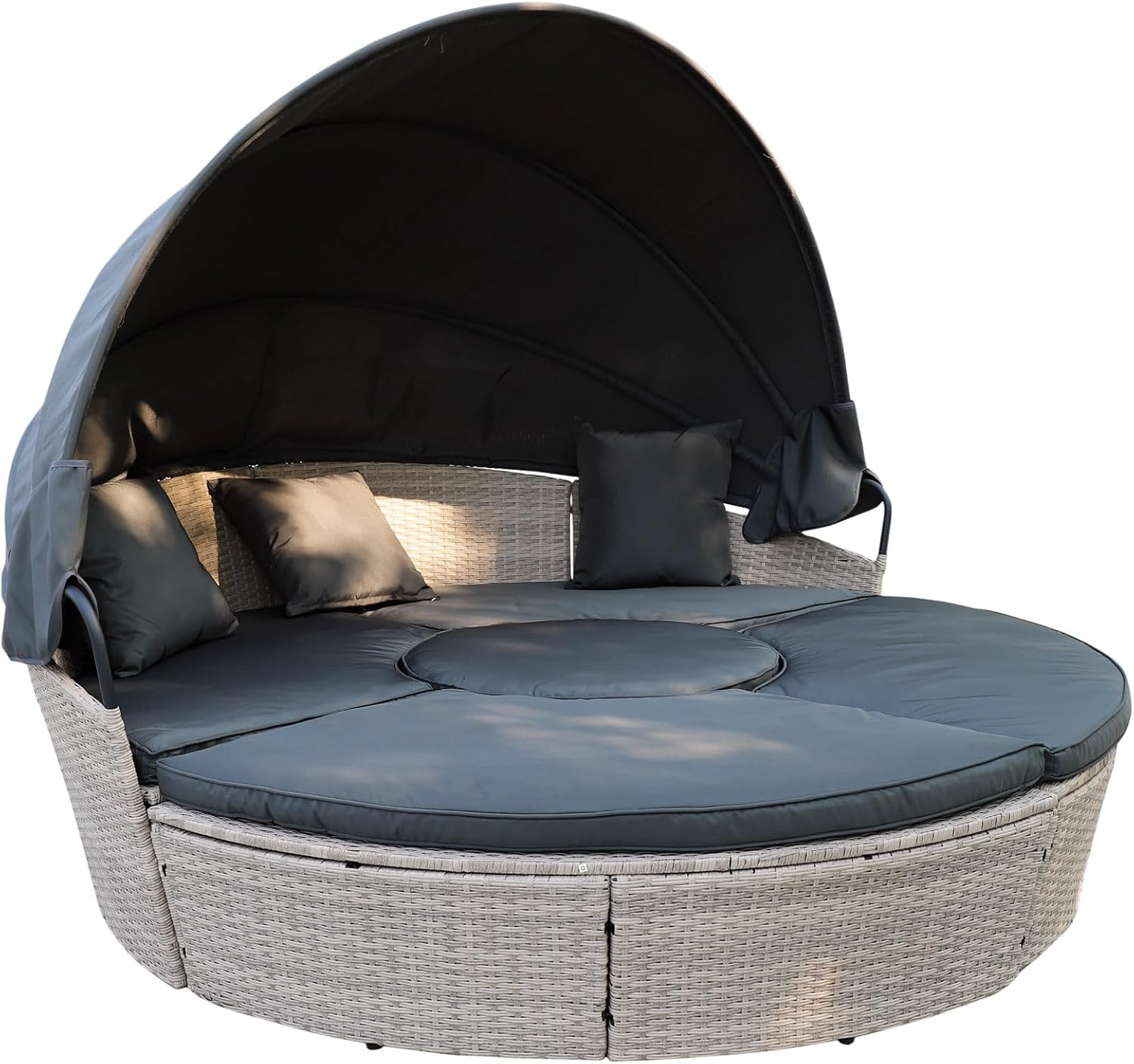 Liege Poly Rattan Sonneninsel XL Calma Lux, 15 cm dicker Polsterung, Dach: 160 cm, Dia 210, 210 cm, klappbar, Liegefl?che ? ca, Hellgrau/Dunkelgrau