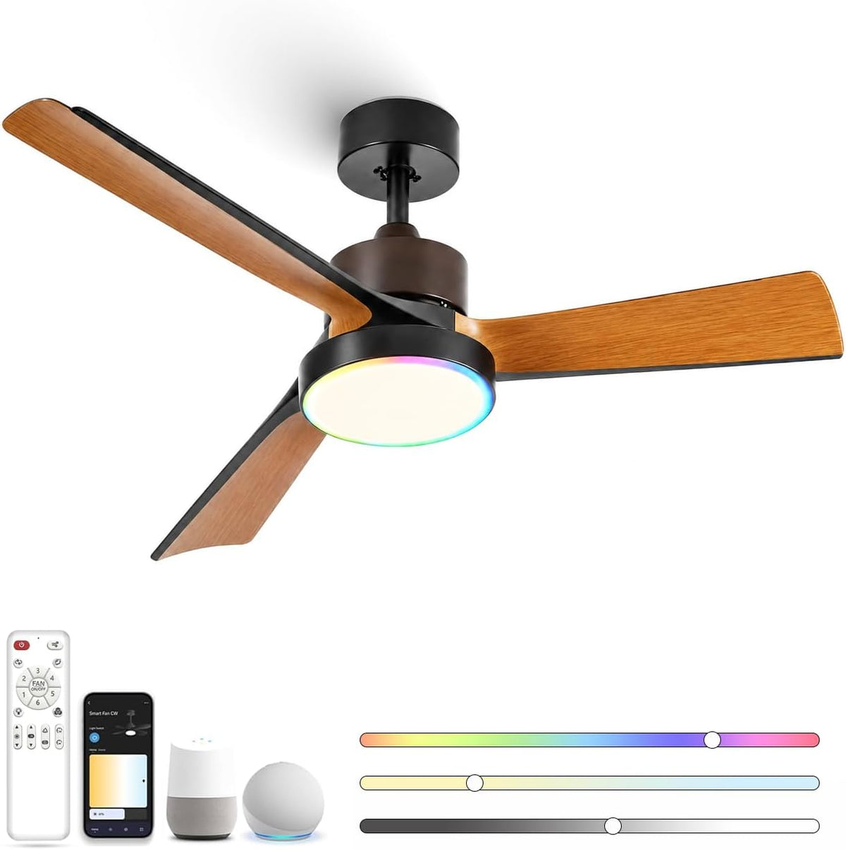 KZT Smart Deckenventilator mit Beleuchtung, Reversibel 6 Geschwindigkeit, 132 cm, App & Alexa Steuerung, Fernbedienung, App-Steuerung