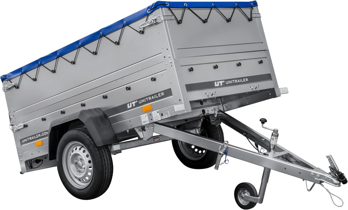 UNITRAILER Gartenanh?nger 200 Kipp St¨¹tzrad Handwag, Zwei Seitenw?nden, Rahmen und Blauer Plane, Silber/Blau