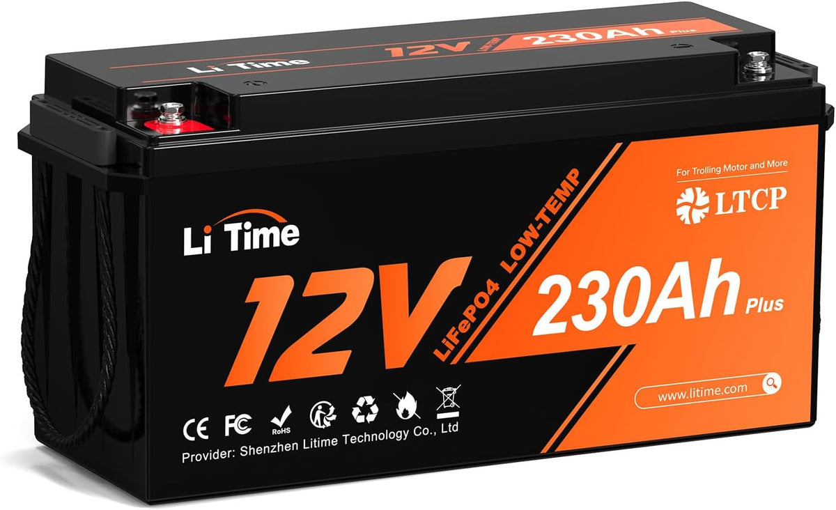 Litime 12 V 230 Ah Plus LiFePO4 Batterie Low-Temp-Schutz Eingebautes 200A BMS, 2560 W, 12,8 V, 2944 Wh, 1 kWh, 0,19 Ah, IP65, Kunststoff