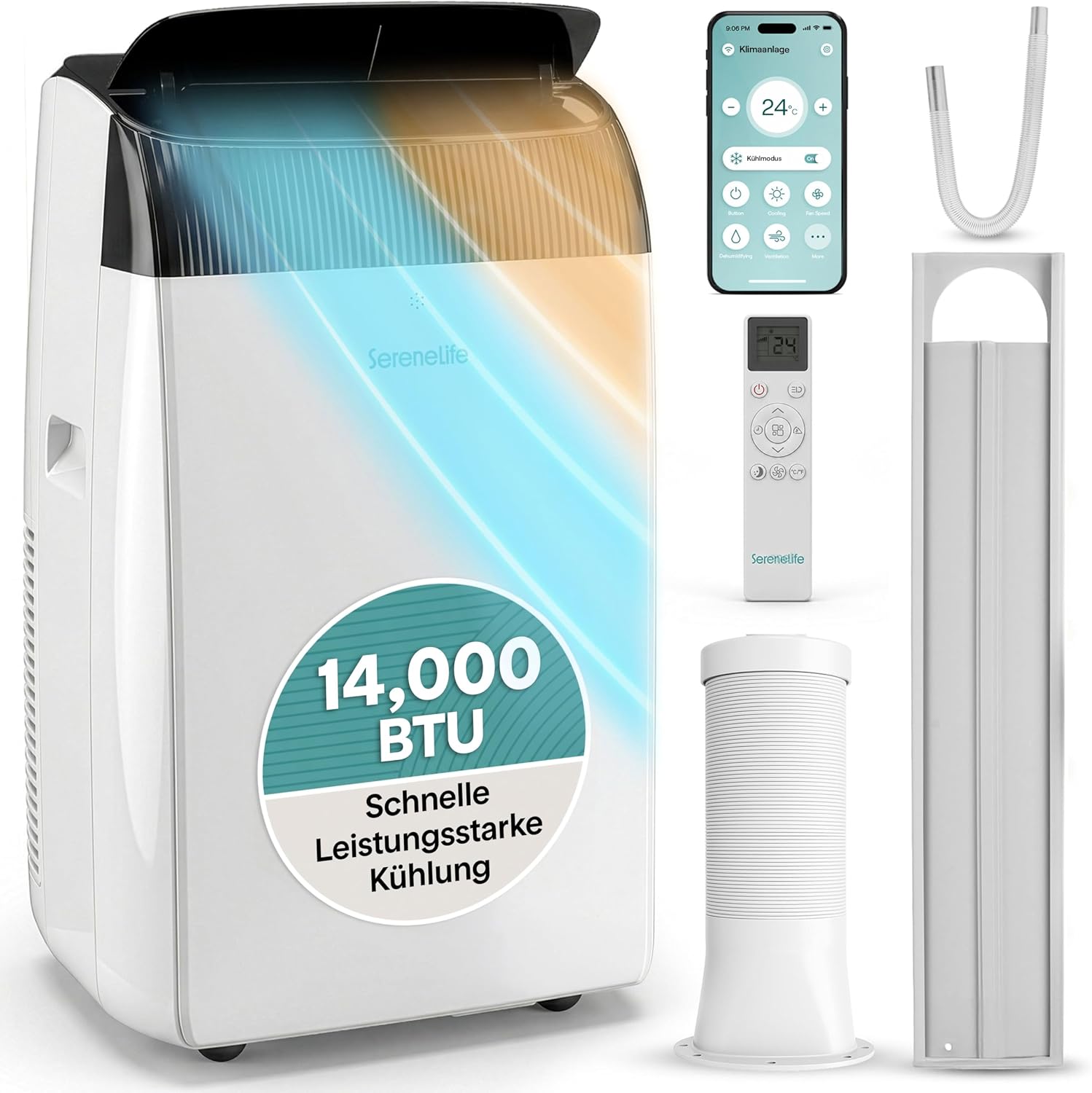 SereneLife Klimaanlage Mobil- mit Abluftschlauch 14000 BTU 2,9 kW, F¨¹r Zuhause, B¨¹ro, 4.10 kW, 24 Stunden, 51¨C54 dB, 69 cm, WLAN