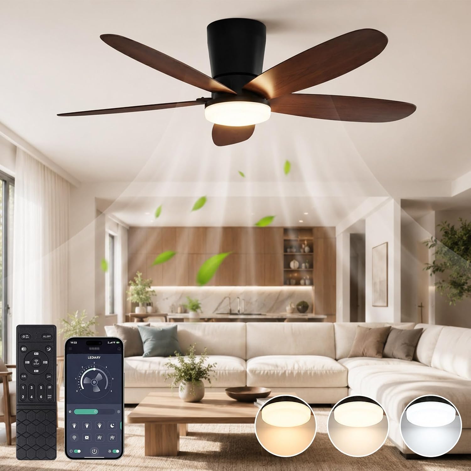 Rosnek Deckenventilator mit Beleuchtung & Fernbedienung, Dimmbare LED in 3 Farben, App-Steuerung 107 cm Deckenventilator Leise mit DC Motor