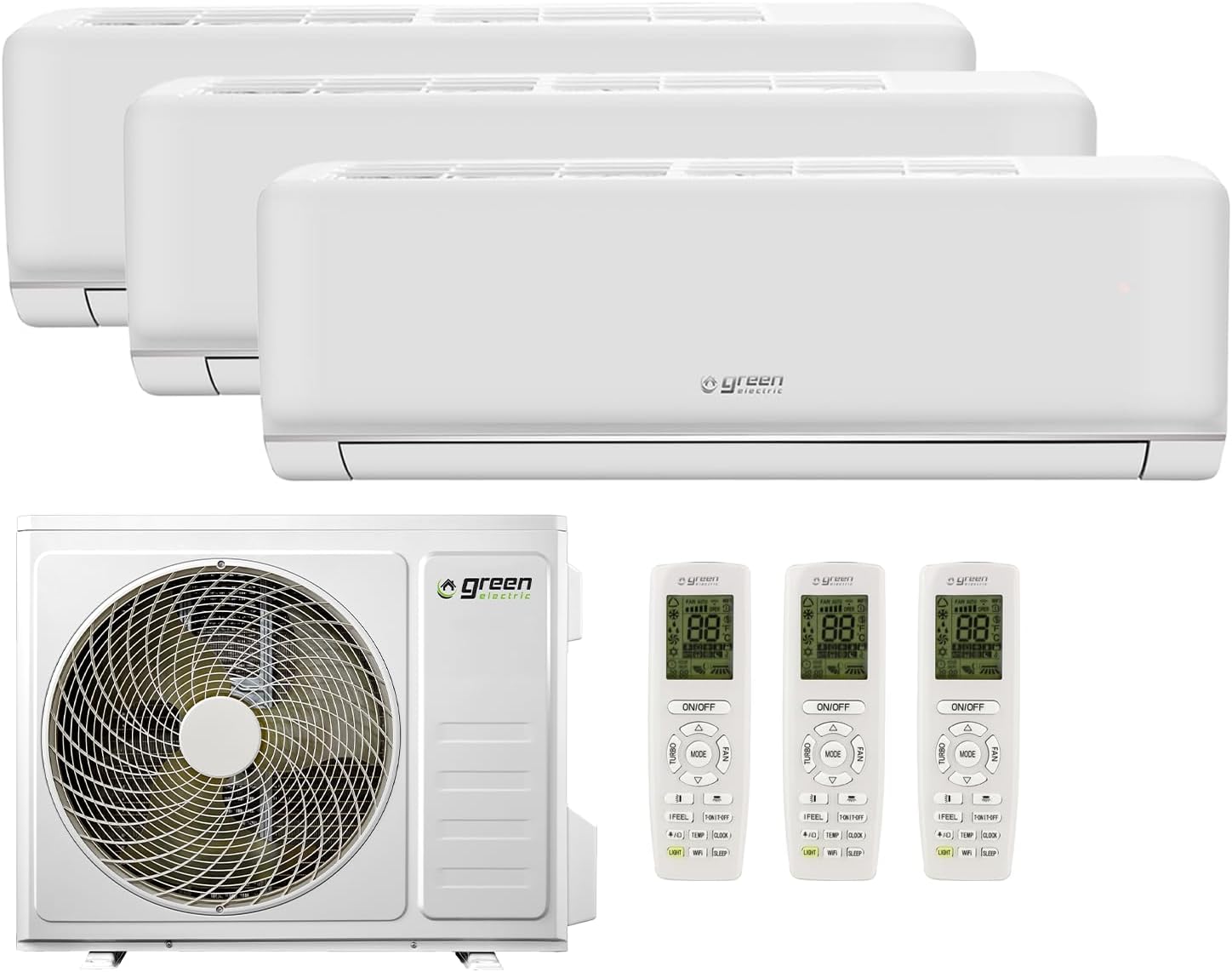 GREEN ELECTRIC Plus Klimaanlage Trial Split 9000 Split-Klimaanlage, 3 Inneneinheiten + 1 Au?eneinheit, Wi-Fi R32, 9000 BTU, 12000 BTU, Fernbedienung