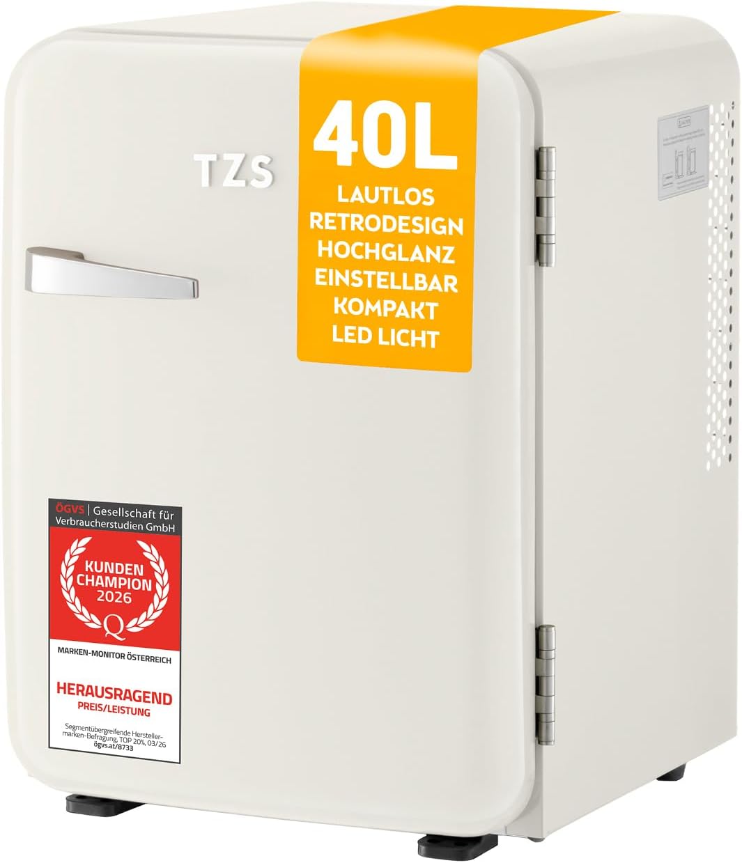 TZS First Austria - Retro Mini K¨¹hlschrank, Retro Mini K¨¹hlschrank 40L, 22 dB, Vintage Minibar f¨¹r Schlafzimmer & B¨¹ro, Lautlos, cremefarben