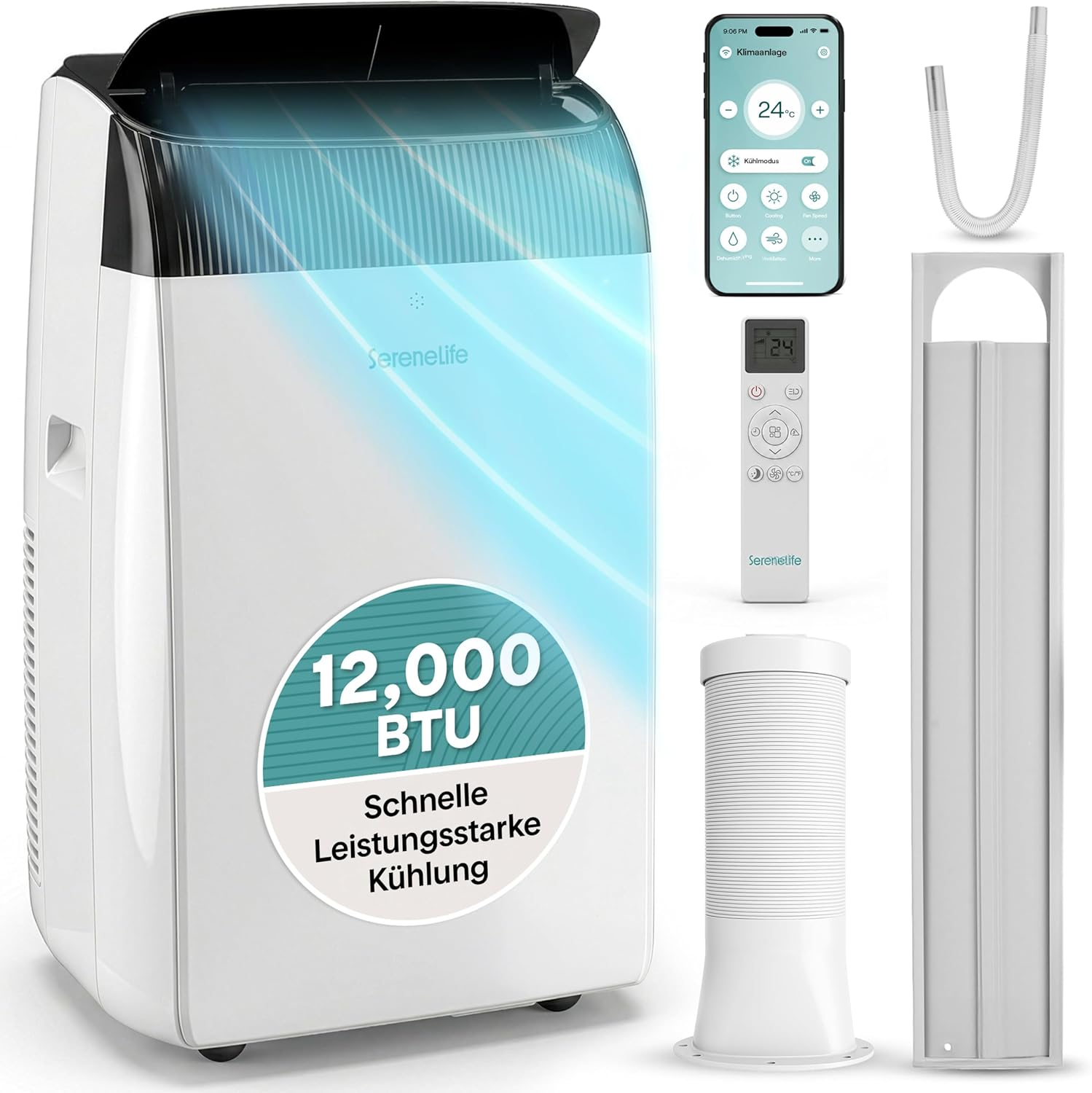 SereneLife Mobile Klimaanlage 12000 BTU, F¨¹r Zuhause, B¨¹ro, 3.52 kW, 48¨C51 dB, 68.8 cm, WLAN, App, LED