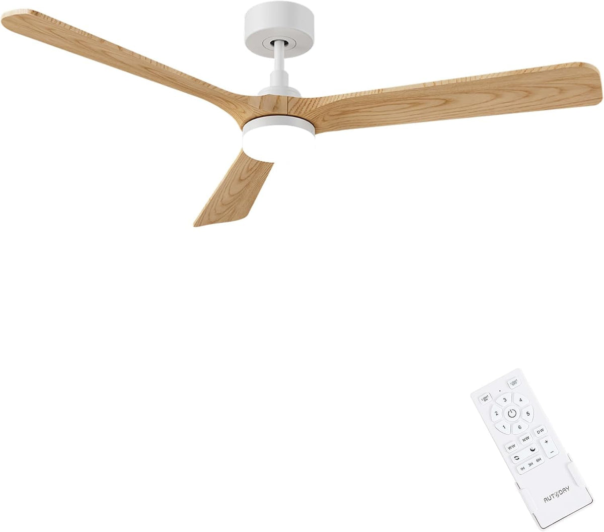AUTODAY Holz Deckenventilator mit Beleuchtung, 6 Geschwindigkeiten, 30 W, 24W, 132 cm, Fernbedienung, LED-Beleuchtung, Timer, Holz/Wei?