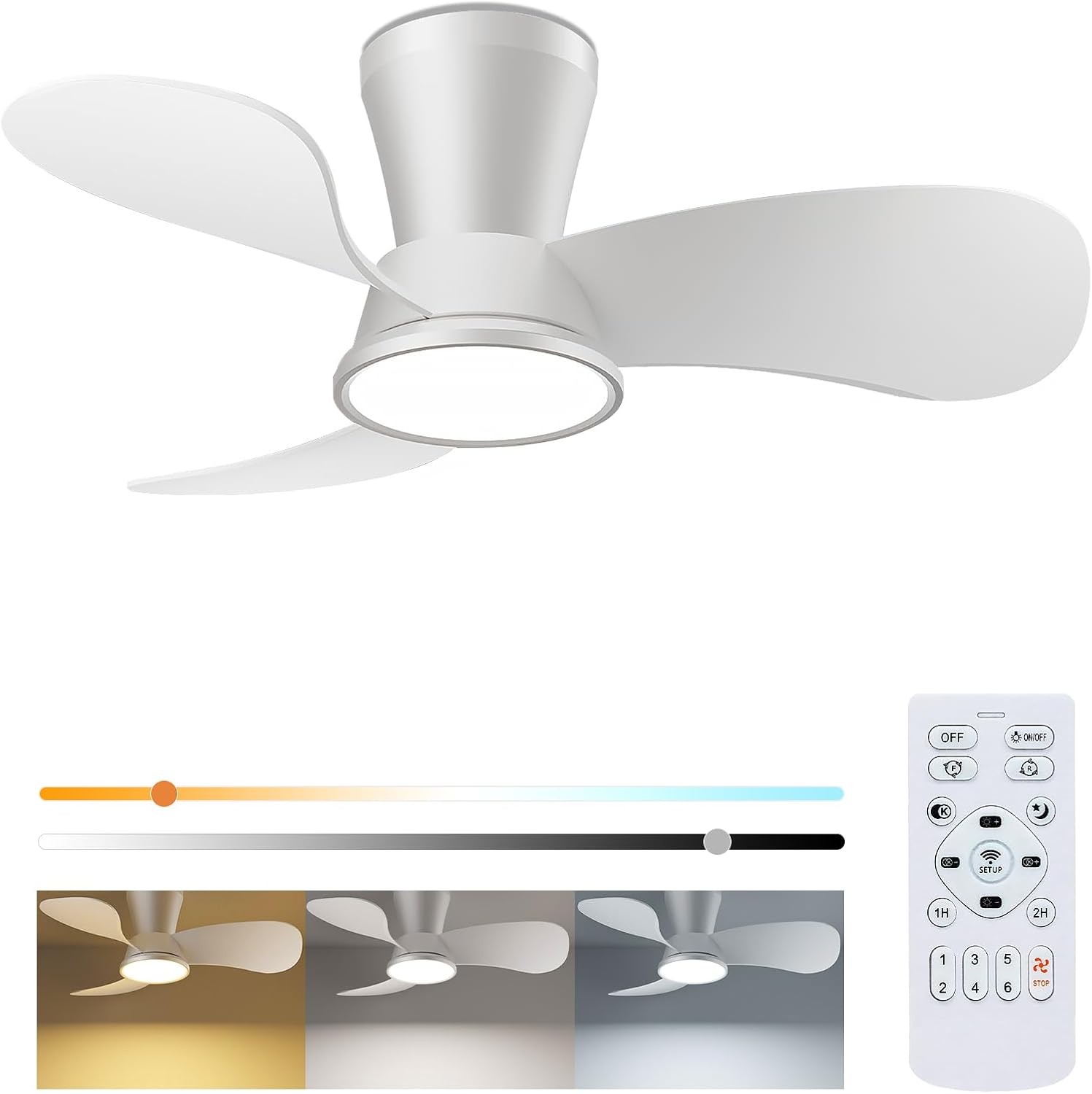 Slochi Leiser Deckenventilator mit Beleuchtung 30 dB, Deckenleuchte, Deckenlampe, Schlafzimmer, 76 cm, 22 cm, 4-12 W, 18 W, 14 cm, Kunststoff