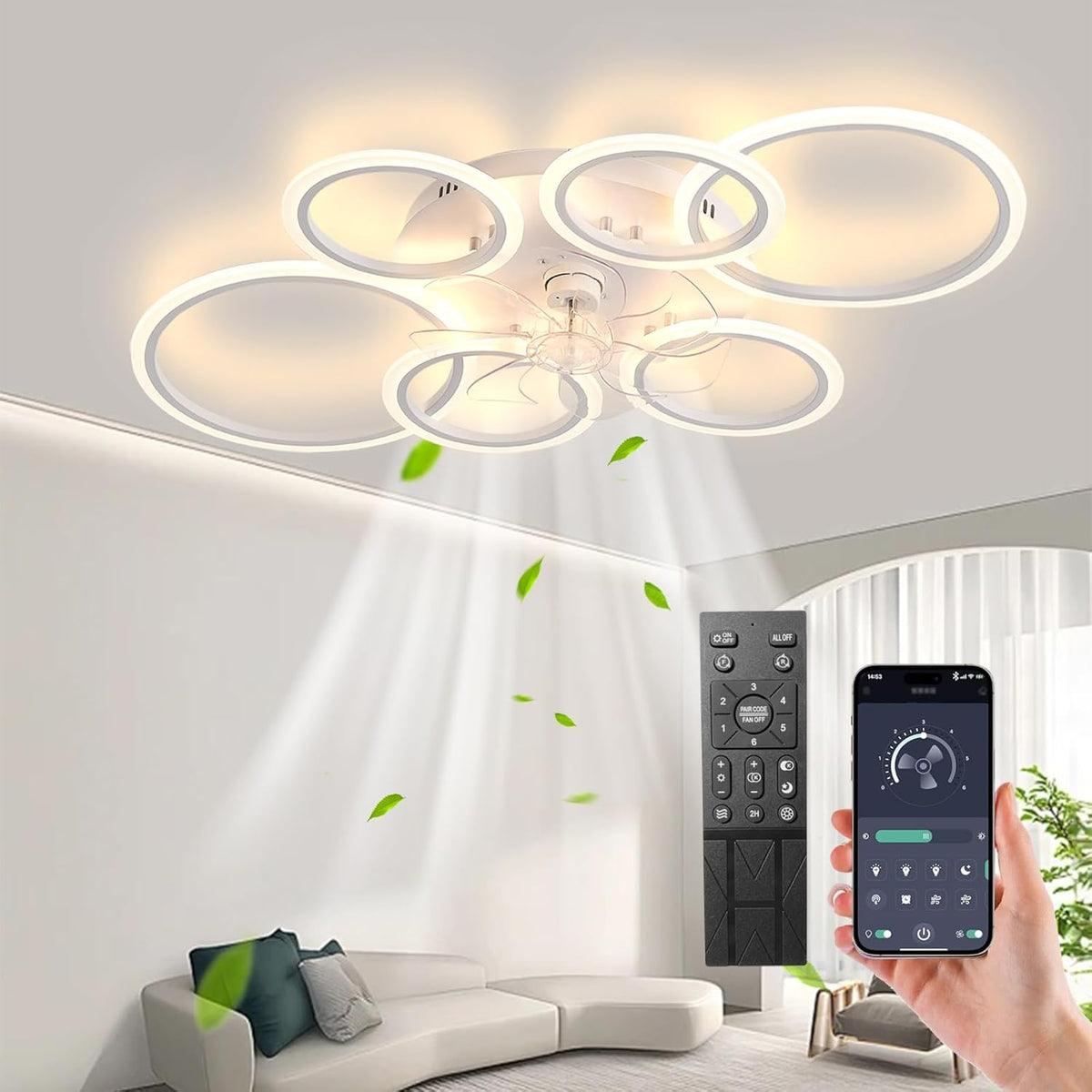 MiiR LED Deckenventilator mit Beleuchtung, Lampe, Wohnzimmerlampe, Bluetooth, App