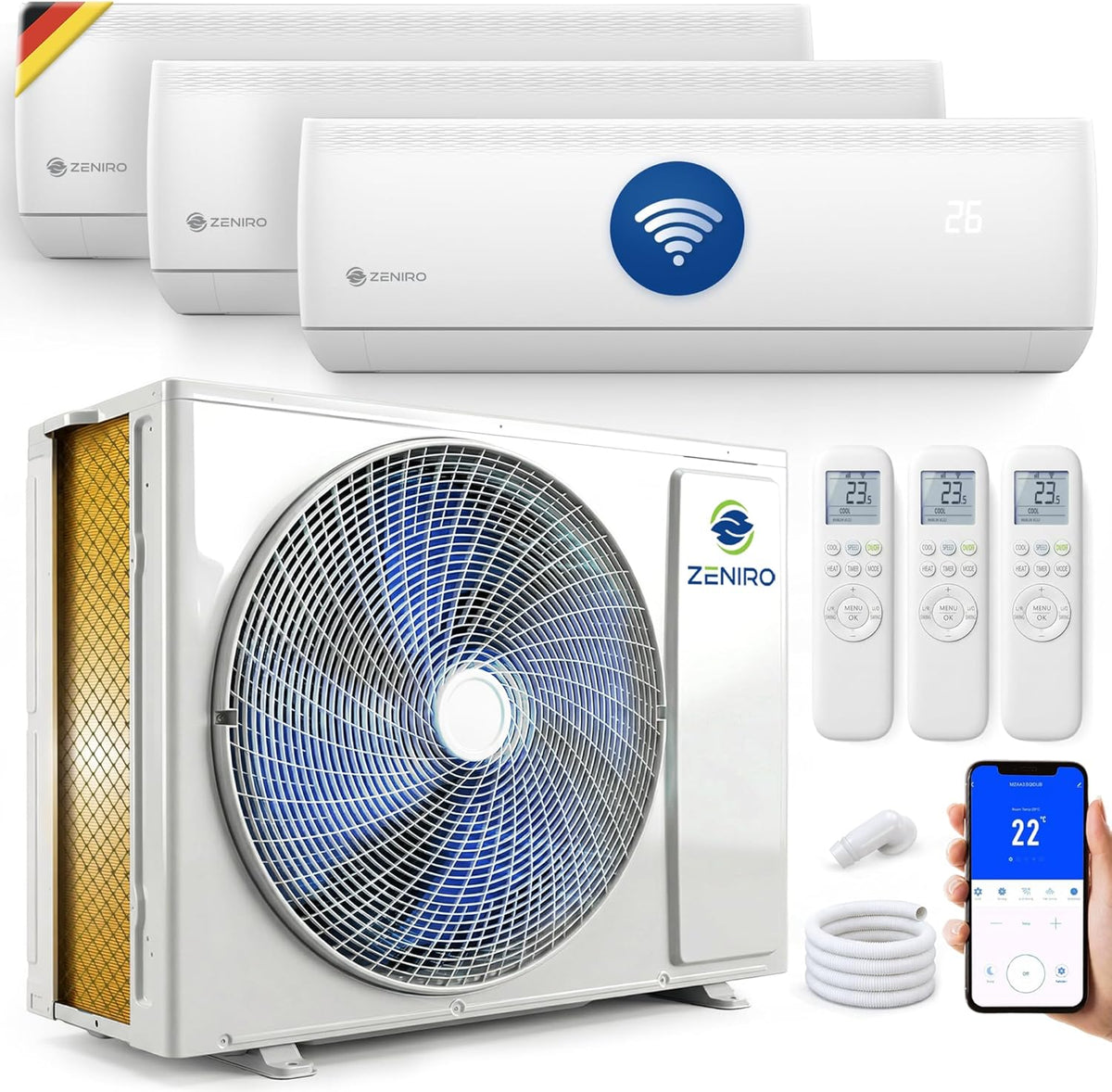 Zeniro 4D -20¡ãC Split-Klimaanlage, 2, 6 kW, 3, 5 kW, 18000 BTU, 5, 3 kW, App-/WLAN-Steuerung, Wei?/Blau