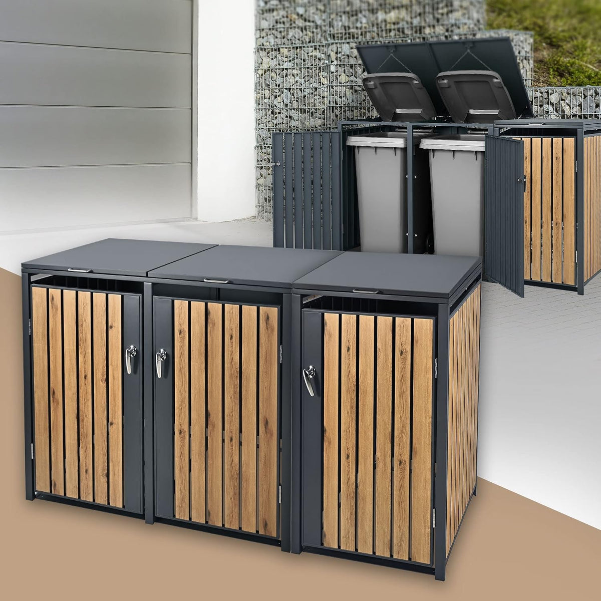 ML DESIGN modern living ML-Design M¨¹lltonnenbox 3er 240L, 200 ¡Á 80 ¡Á 116, 3 cm Anthrazit-Holzoptik, M¨¹lltonnenverkleidung f¨¹r 3 M¨¹lltonnen